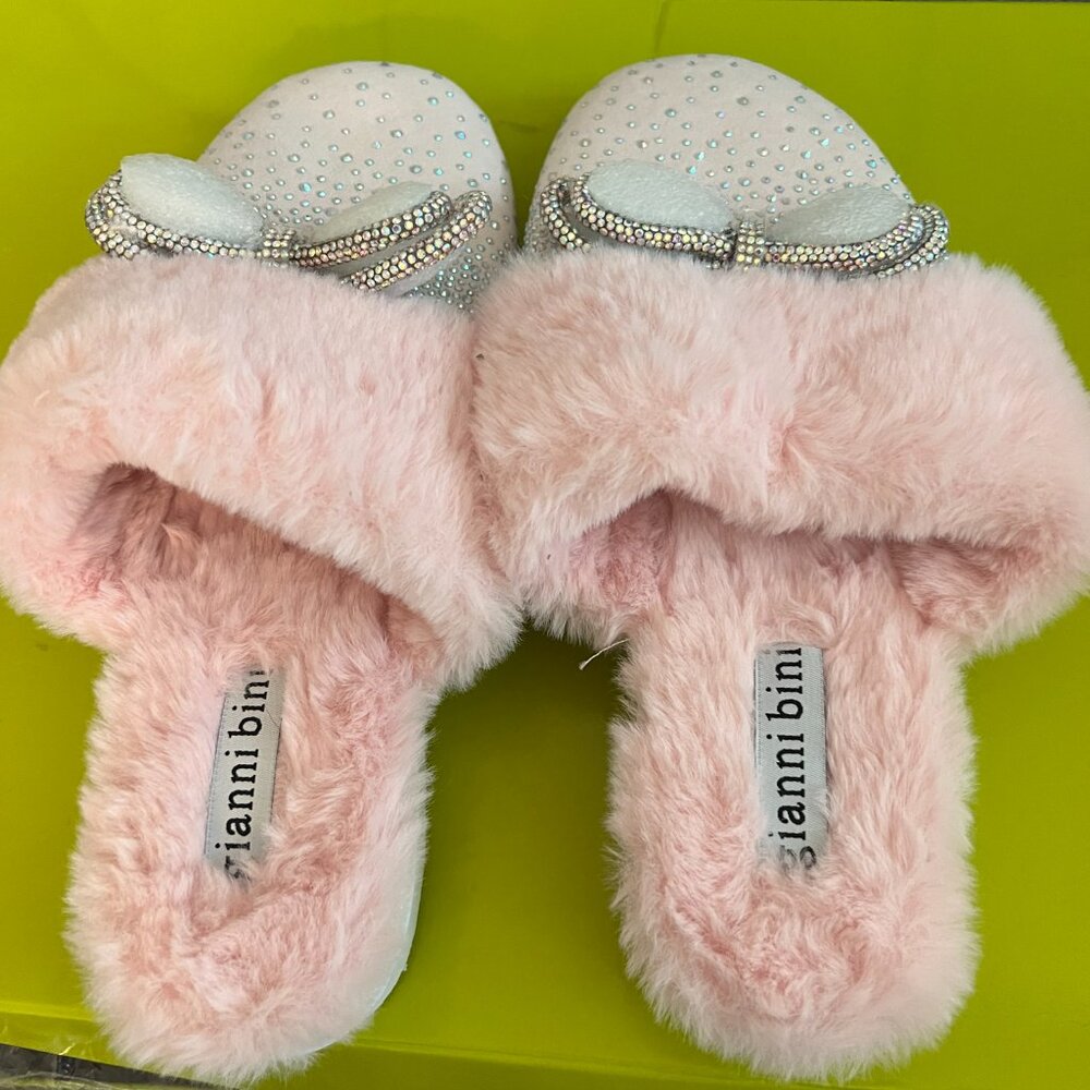 GIANNI BINI SLIPPERS US 7 PINK RHINESTONE BOW FAUX FUR cottagecore BARBIECORE - Picture 4 of 6